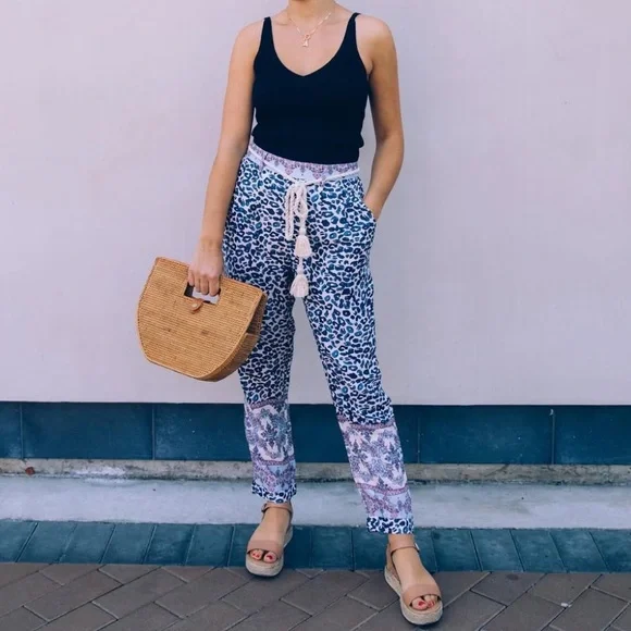 Ollari Anthropologie Leopard Print Tassel Lightweight Boho Tapered Pants - Picture 5 of 10